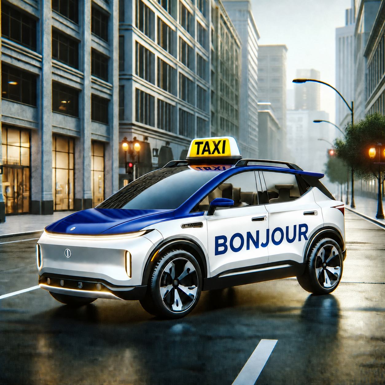 Illustration d’un VUS taxi blanc et bleu portant le mot Bonjour dans une rue de Montréal