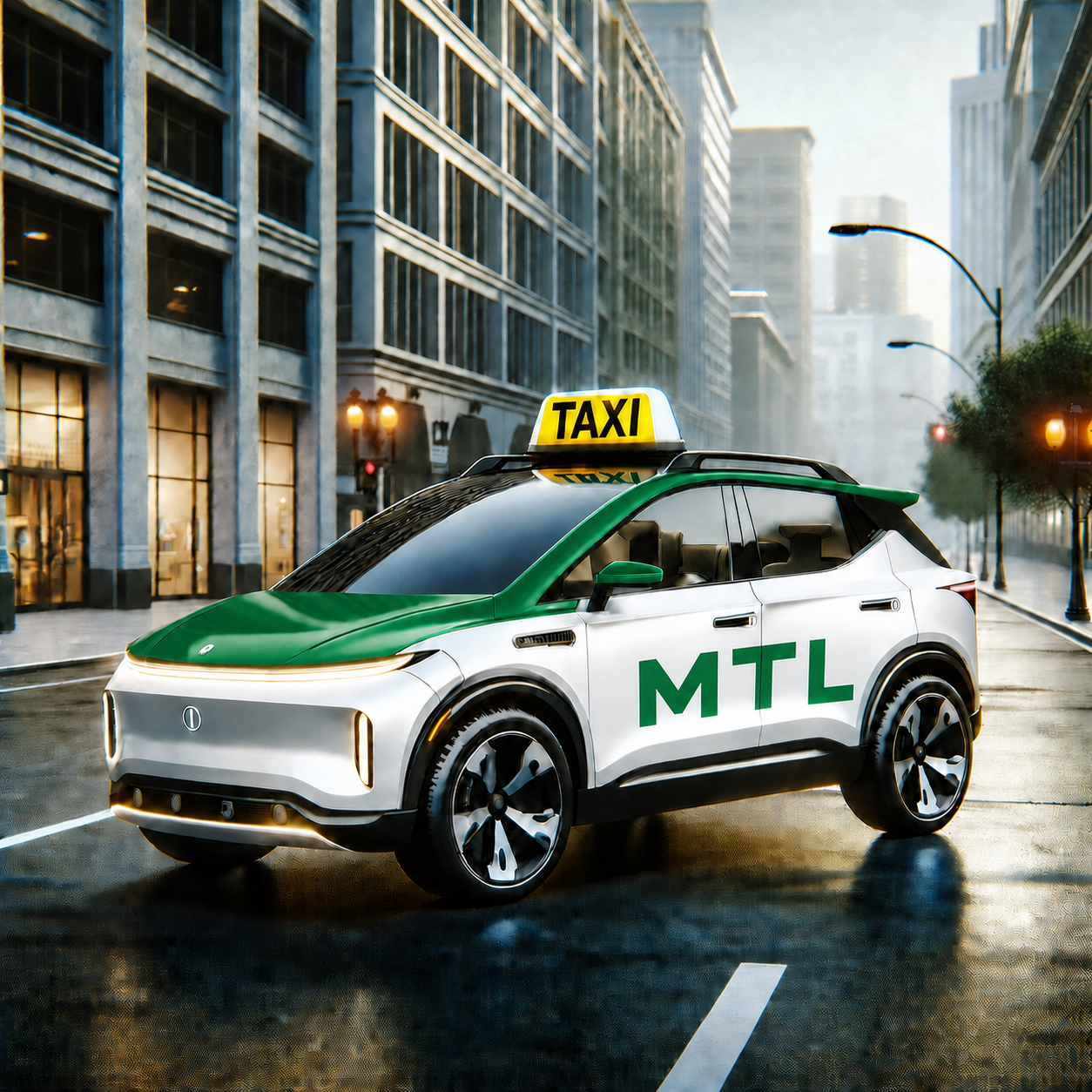 Illustration d’un VUS taxi blanc et vert portant les lettres MTL dans une rue de Montréal